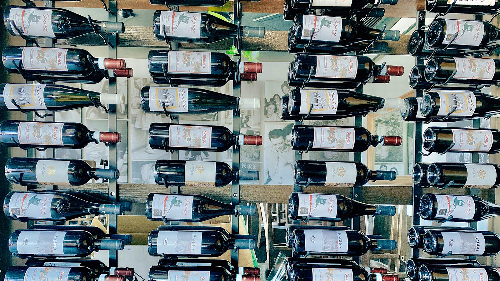 A wall of wines at Osteria Mamma